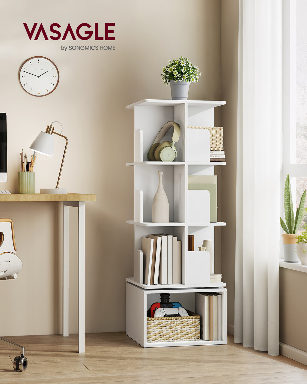 Biblioteca rotativa Custos, Vasagle, 40x40x124.5 cm, PAL/MDF, alb cloud - imagine 7